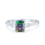 Emerald Cut Three Stone Wedding Ring Round Cubic Zirconia 925 Sterling Silver