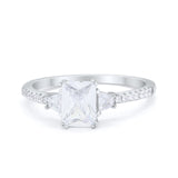 Emerald Cut Three Stone Wedding Ring Round Cubic Zirconia 925 Sterling Silver