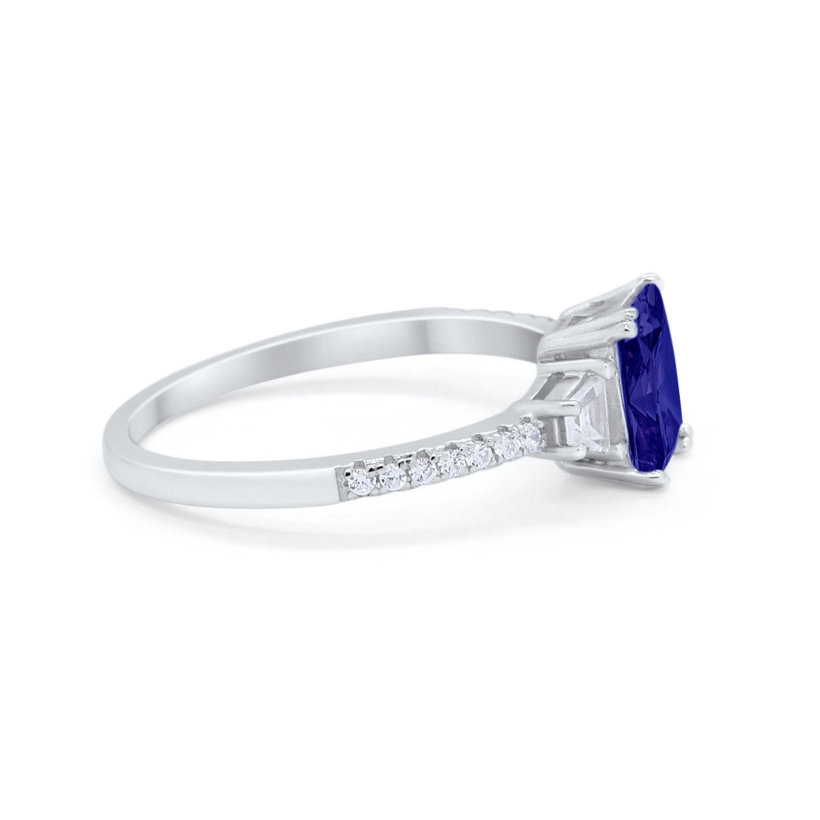 Emerald Cut Three Stone Wedding Ring Round Cubic Zirconia 925 Sterling Silver