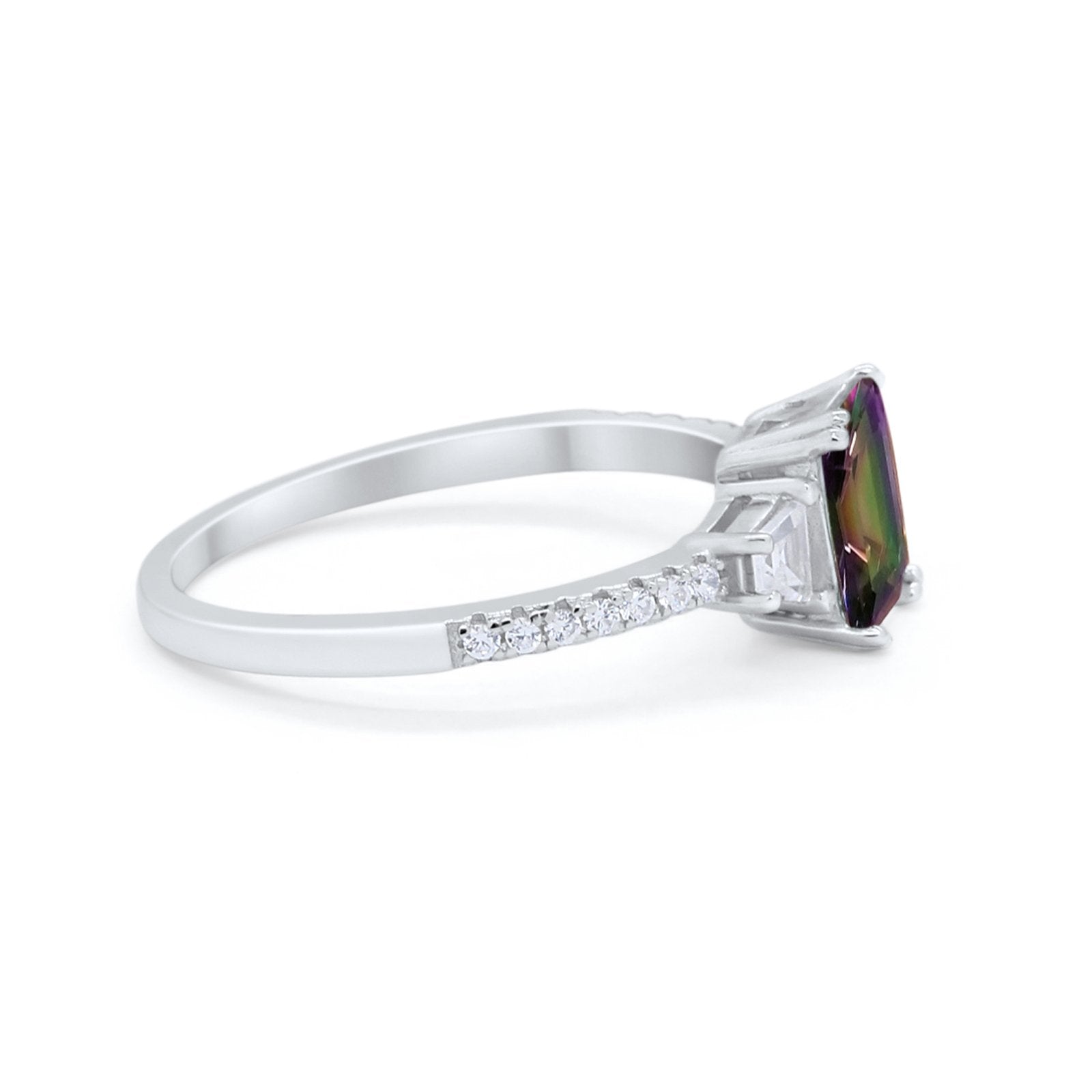 Emerald Cut Three Stone Wedding Ring Round Cubic Zirconia 925 Sterling Silver