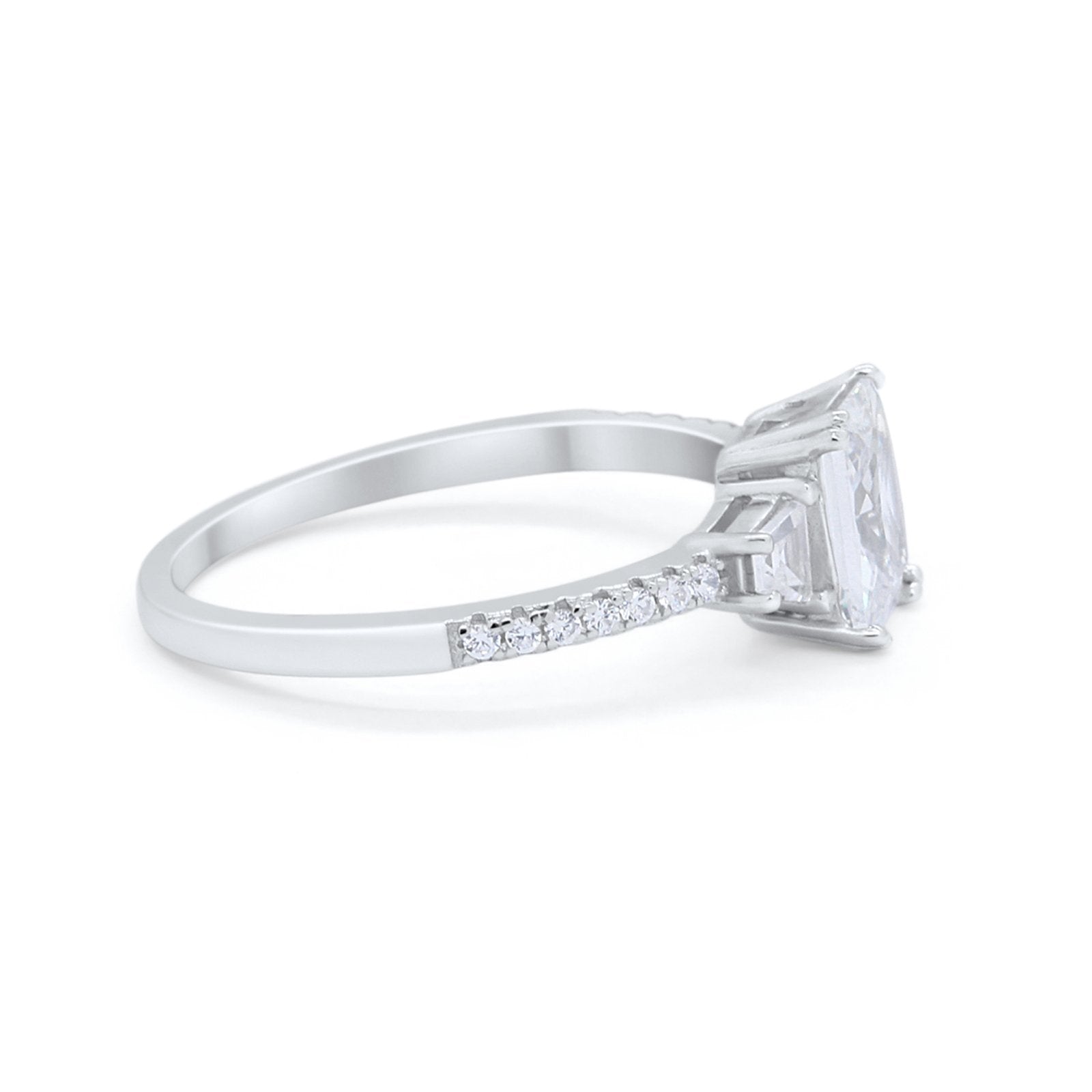 Emerald Cut Three Stone Wedding Ring Round Cubic Zirconia 925 Sterling Silver