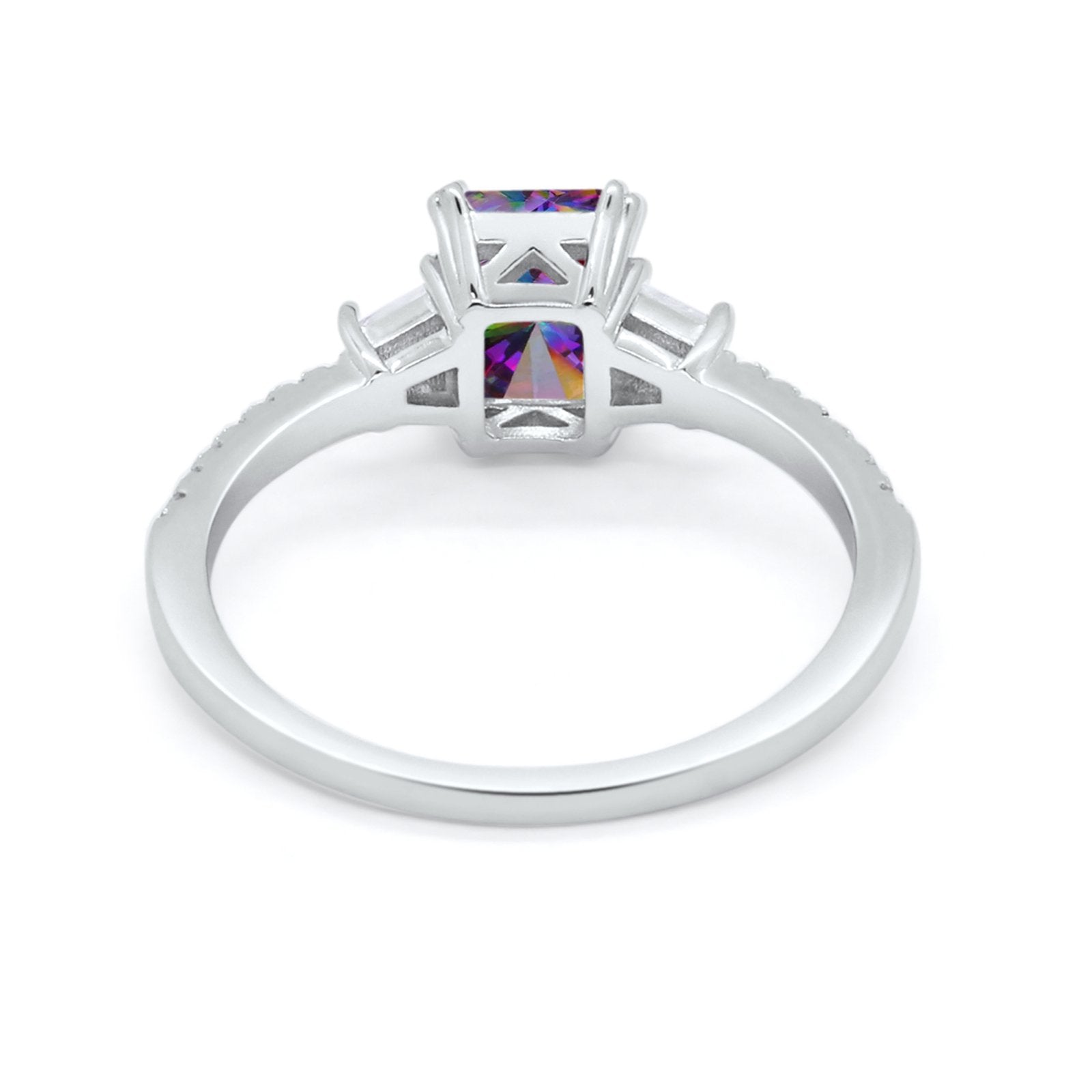 Emerald Cut Three Stone Wedding Ring Round Cubic Zirconia 925 Sterling Silver