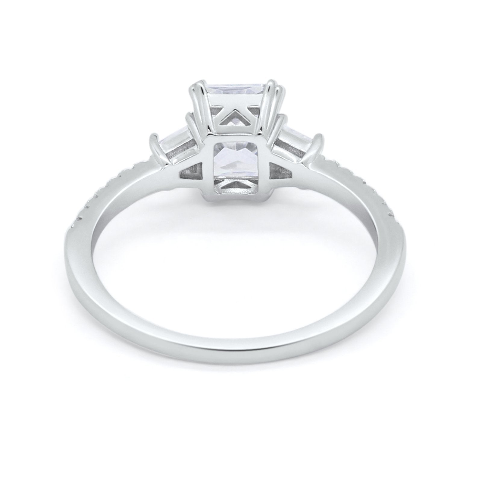 Emerald Cut Three Stone Wedding Ring Round Cubic Zirconia 925 Sterling Silver