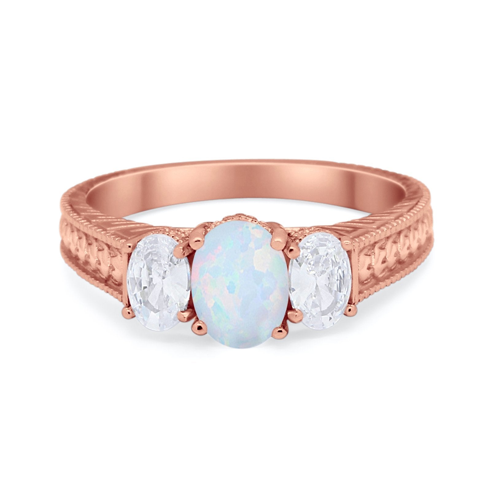 Art Deco Oval Three Stone Wedding Bridal Ring Round Cubic Zirconia 925 Sterling Silver