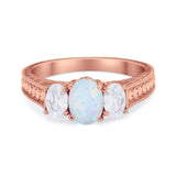 Art Deco Oval Three Stone Wedding Bridal Ring Round Cubic Zirconia 925 Sterling Silver