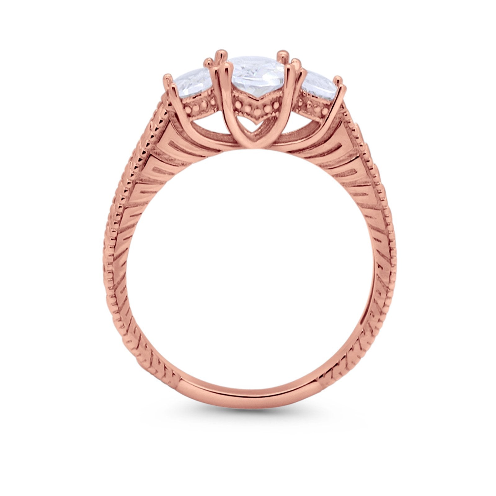 Art Deco Oval Three Stone Wedding Bridal Ring Round Cubic Zirconia 925 Sterling Silver