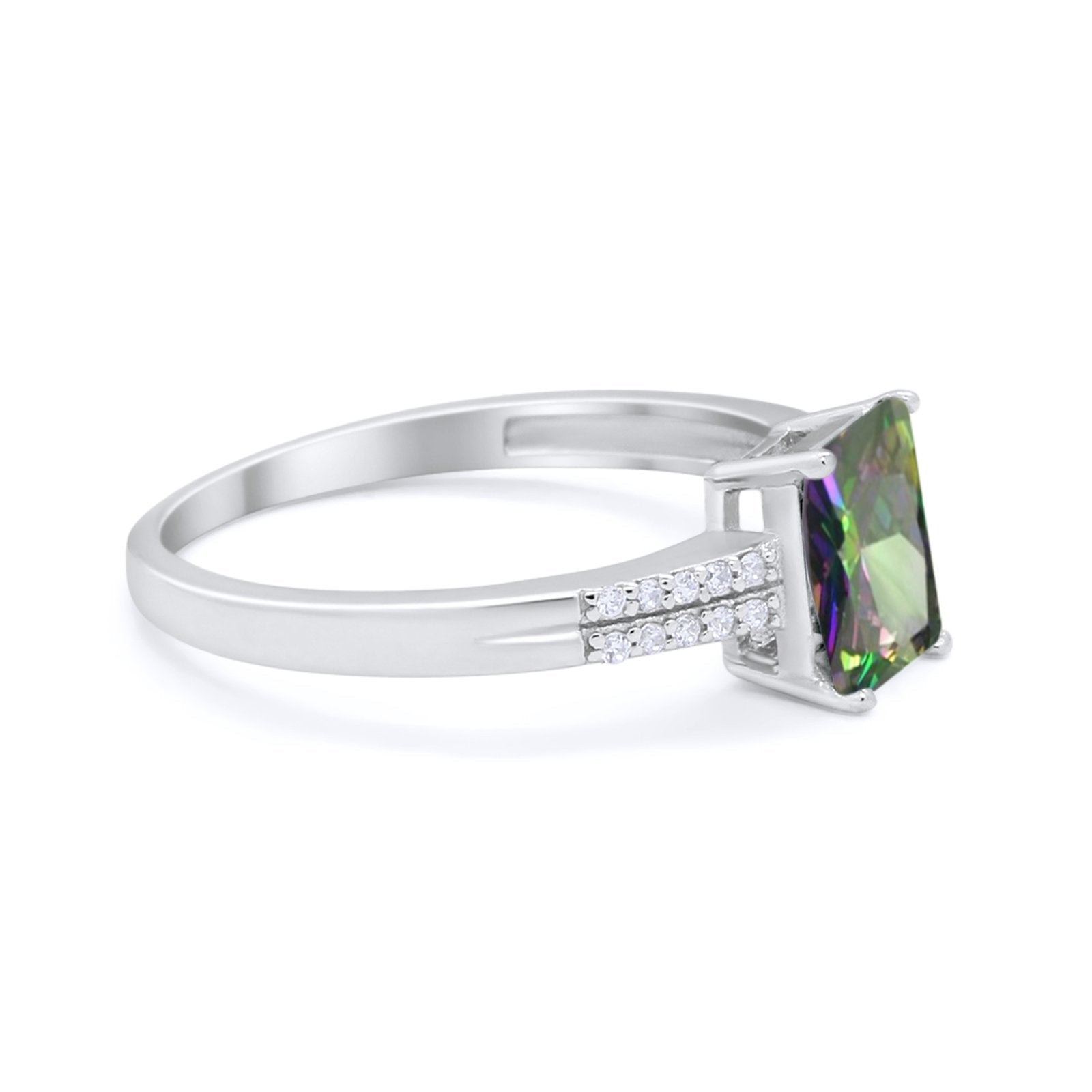 Art Deco Emerald Cut Wedding Engagement Ring Round Cubic Zirconia 925 Sterling Silver