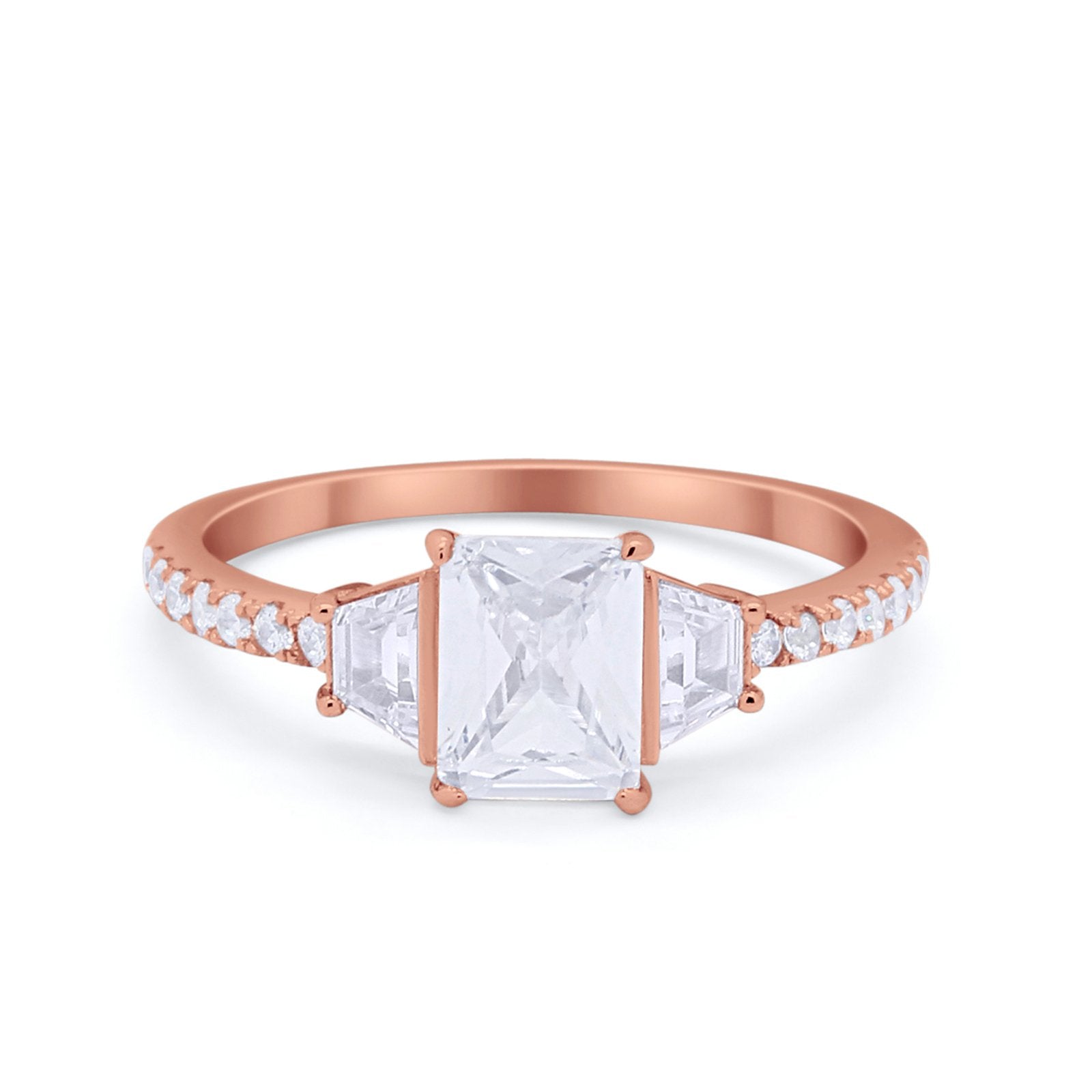 Three Stone Wedding Ring Emerald Cut Round Cubic Zirconia 925 Sterling Silver