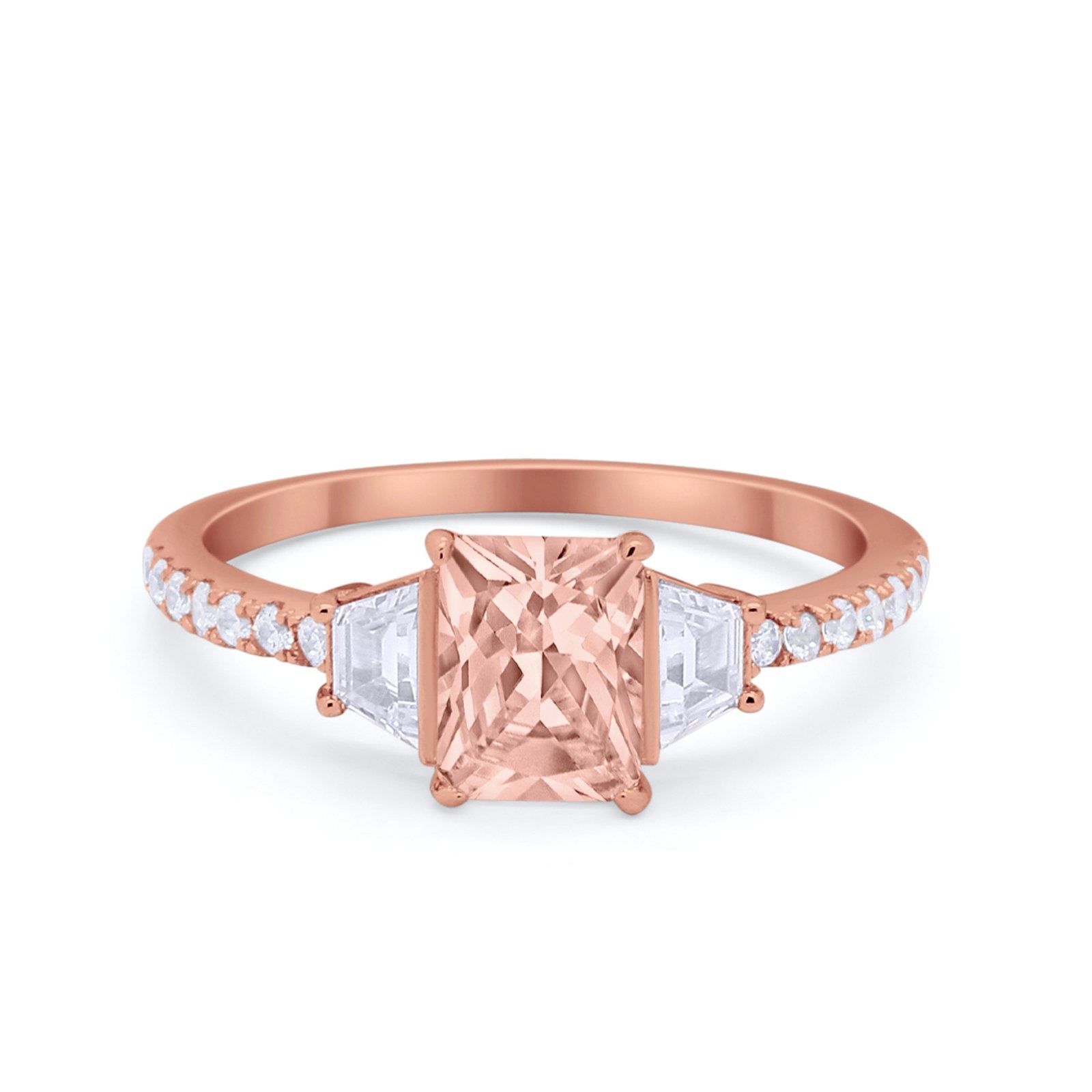 Three Stone Wedding Ring Emerald Cut Round Cubic Zirconia 925 Sterling Silver