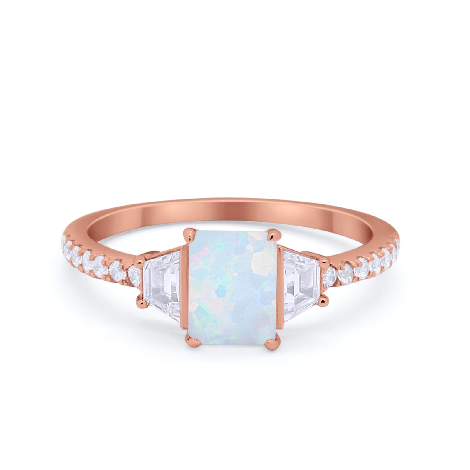 Three Stone Wedding Ring Emerald Cut Round Cubic Zirconia 925 Sterling Silver