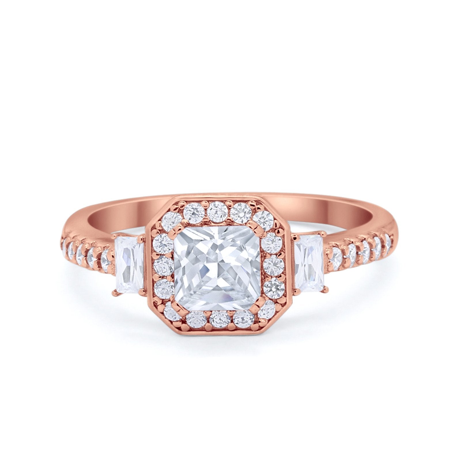 Art Deco Princess Cut Baguette Bridal Wedding Ring Round Cubic Zirconia 925 Sterling Silver