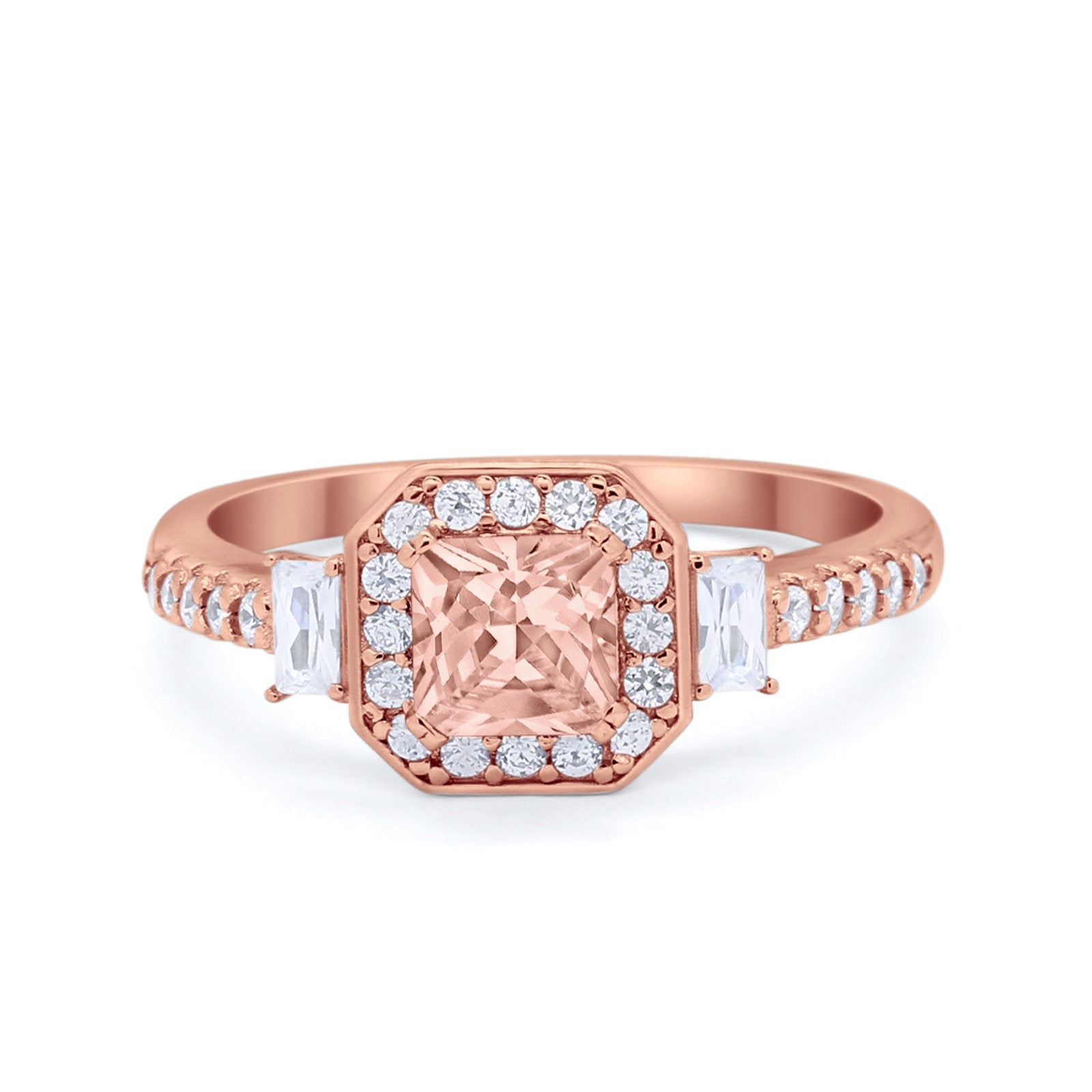 Art Deco Princess Cut Baguette Bridal Wedding Ring Round Cubic Zirconia 925 Sterling Silver