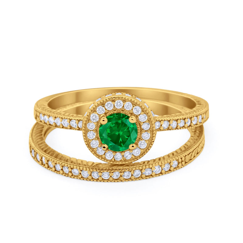 Two Piece Art Deco Engagement Bridal Set Ring Round Cubic Zirconia 925 Sterling Silver