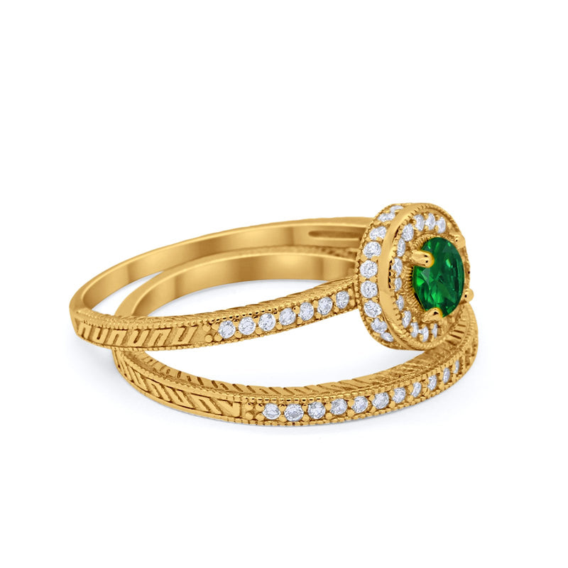 Two Piece Art Deco Engagement Bridal Set Ring Round Cubic Zirconia 925 Sterling Silver