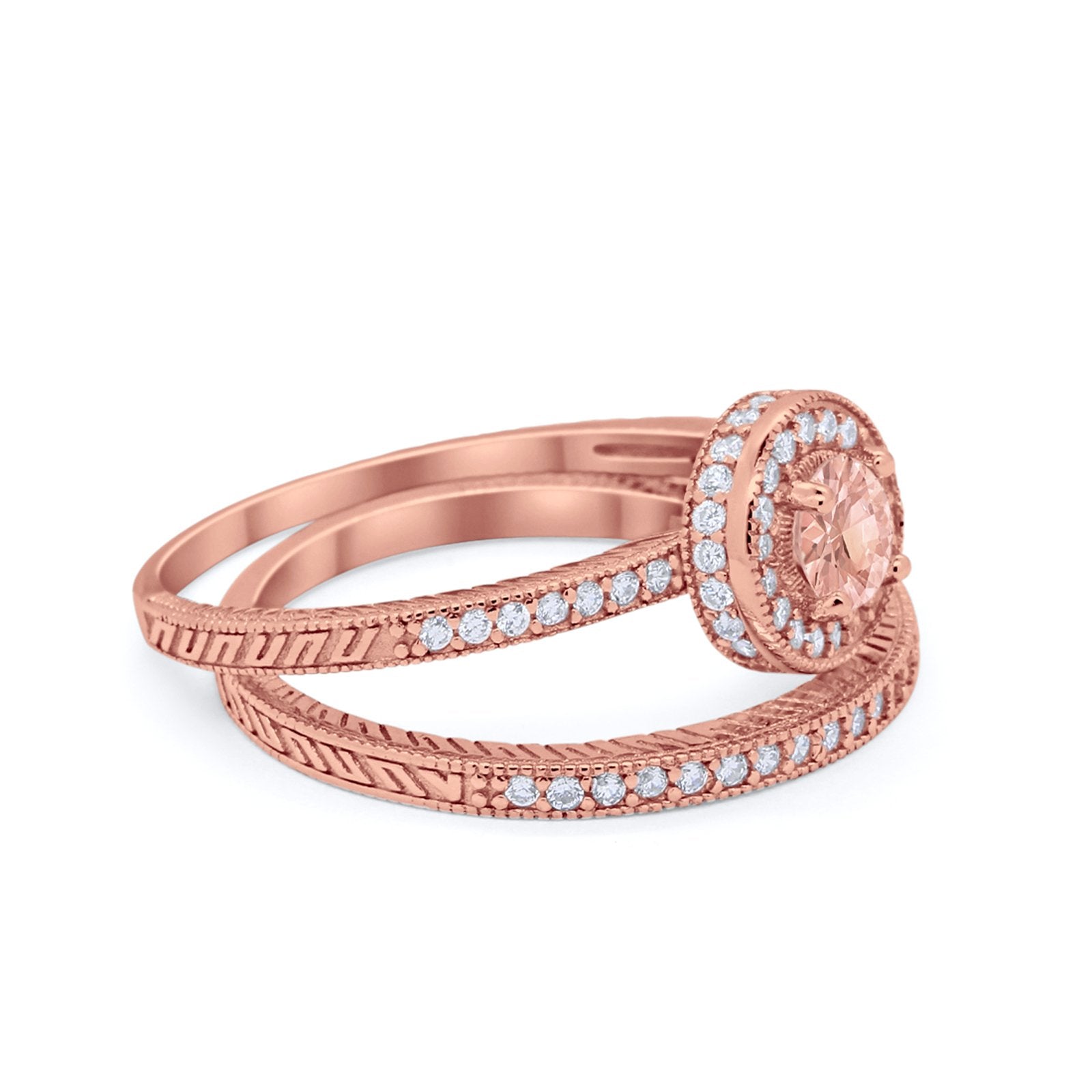 Two Piece Art Deco Engagement Bridal Set Ring Round Cubic Zirconia 925 Sterling Silver