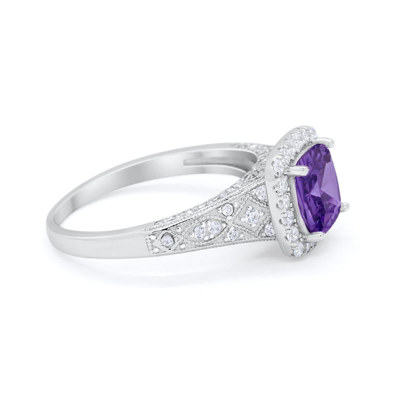 Cushion Art Deco Wedding Ring Simulated Cubic Zirconia 925 Sterling Silver