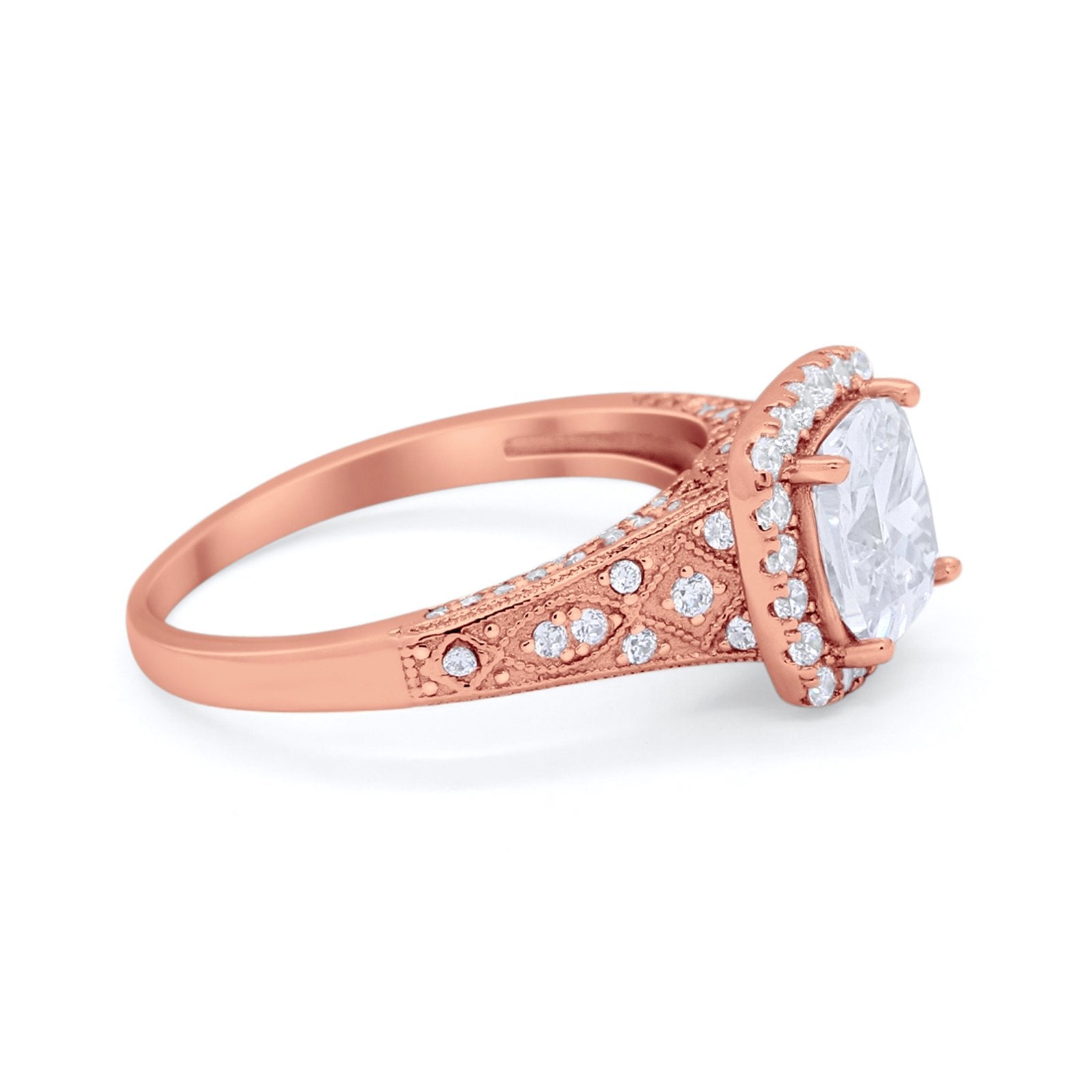 Cushion Art Deco Wedding Ring Simulated Cubic Zirconia 925 Sterling Silver