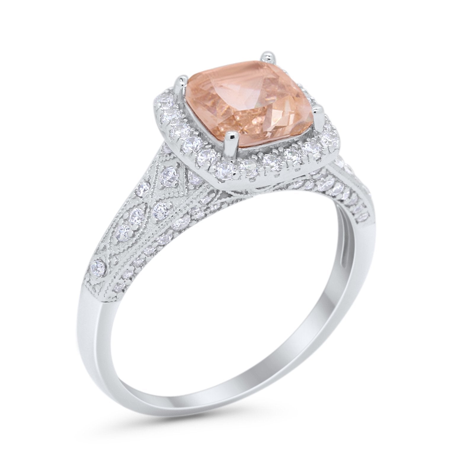 Cushion Art Deco Wedding Ring Simulated Cubic Zirconia 925 Sterling Silver