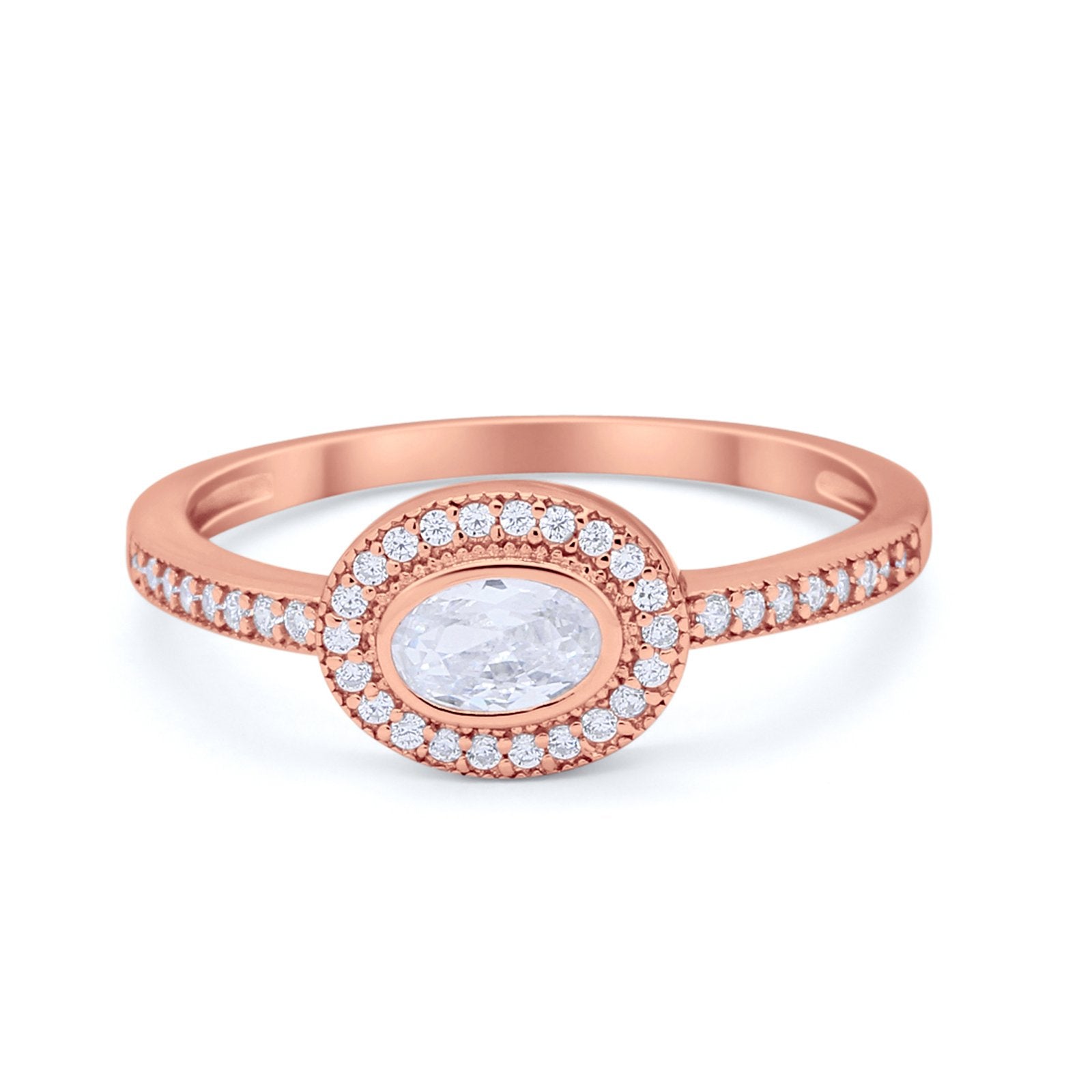 Sideways Oval Art Deco Wedding Ring Round Cubic Zirconia 925 Sterling Silver