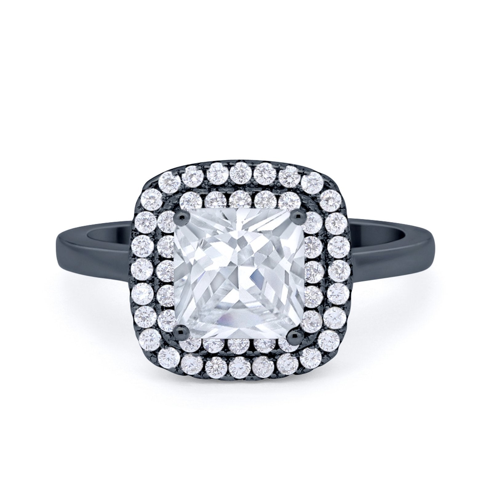 Solitiare Double Halo Wedding Ring Princess Cut Simulated Round Cubic Zirconia 925 Sterling Silver