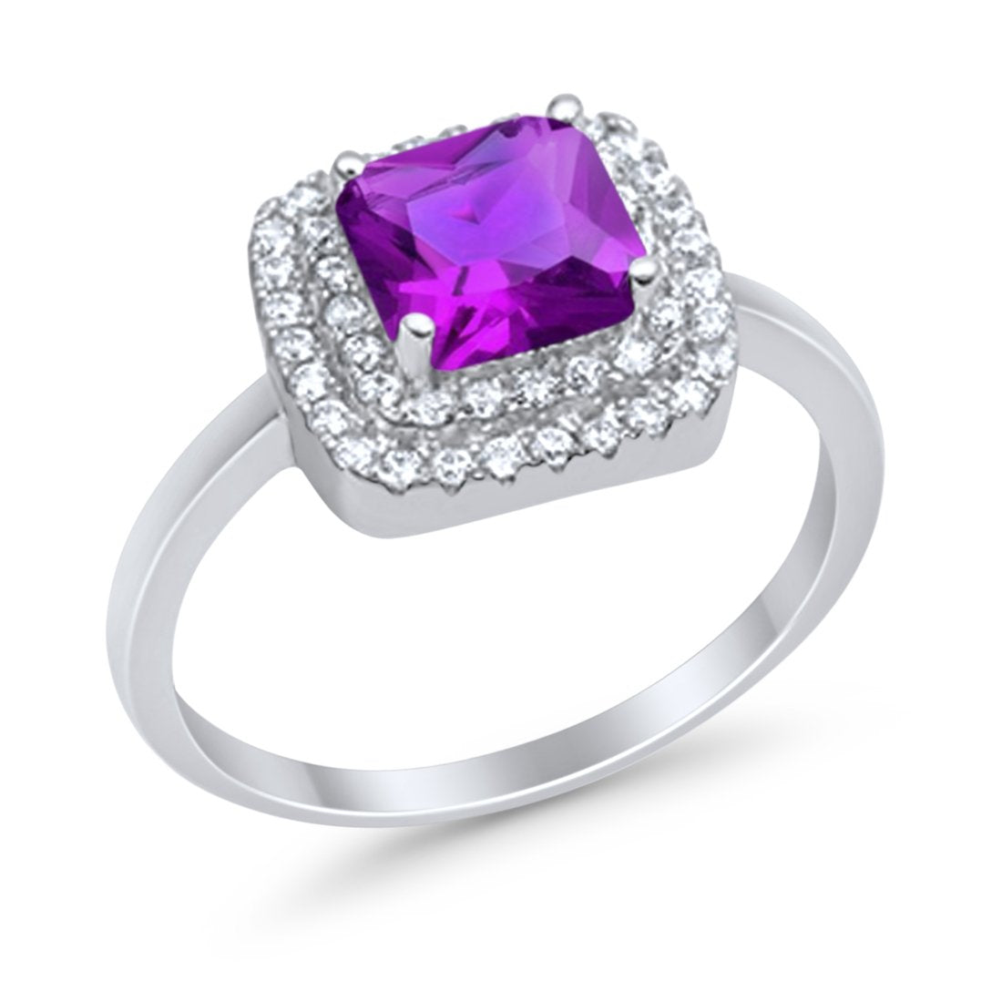 Solitiare Double Halo Wedding Ring Princess Cut Simulated Round Cubic Zirconia 925 Sterling Silver