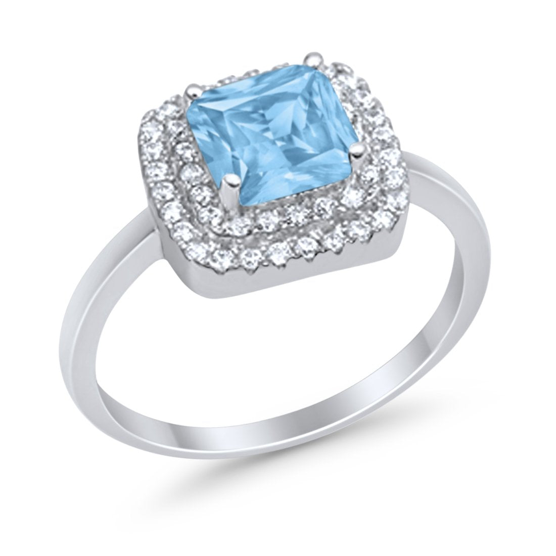 Solitiare Double Halo Wedding Ring Princess Cut Simulated Round Cubic Zirconia 925 Sterling Silver