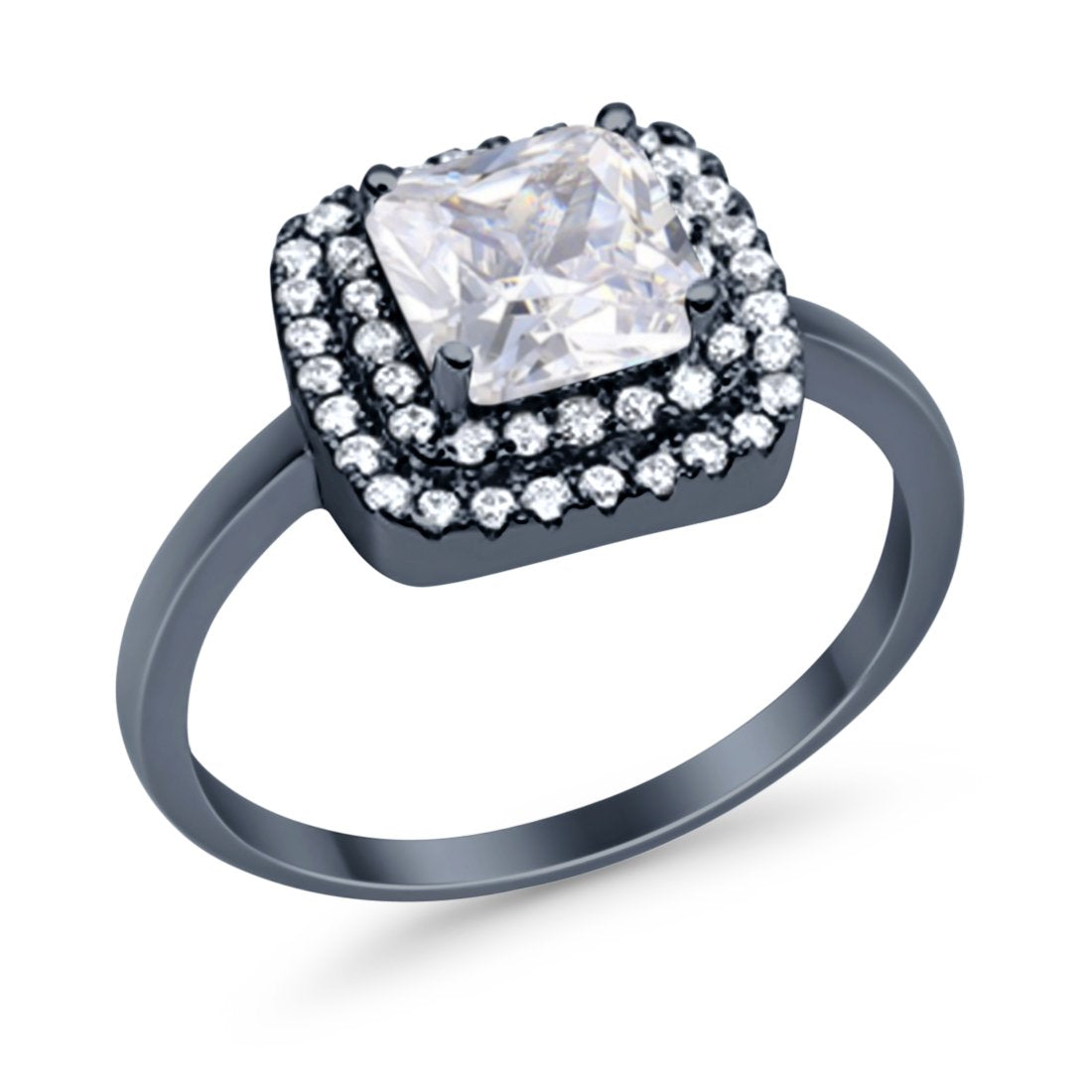 Solitiare Double Halo Wedding Ring Princess Cut Simulated Round Cubic Zirconia 925 Sterling Silver