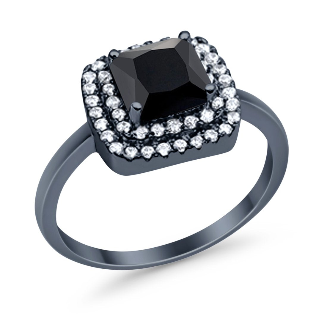 Solitiare Double Halo Wedding Ring Princess Cut Simulated Round Cubic Zirconia 925 Sterling Silver