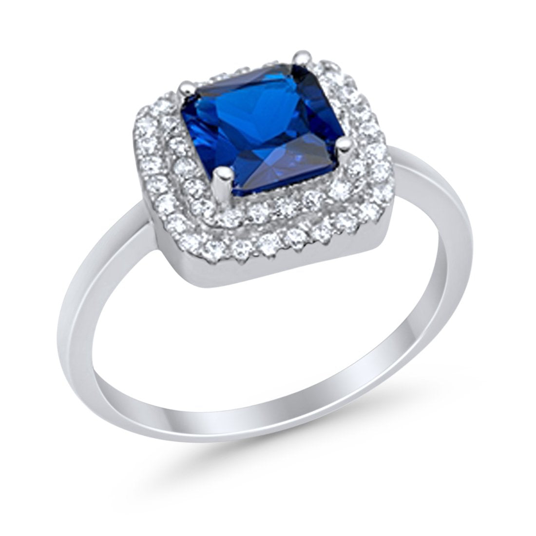 Solitiare Double Halo Wedding Ring Princess Cut Simulated Round Cubic Zirconia 925 Sterling Silver