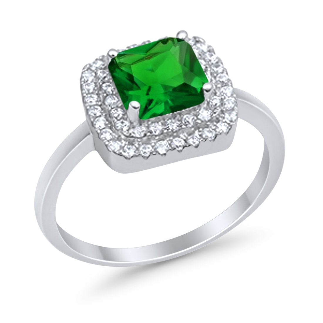 Solitiare Double Halo Wedding Ring Princess Cut Simulated Round Cubic Zirconia 925 Sterling Silver