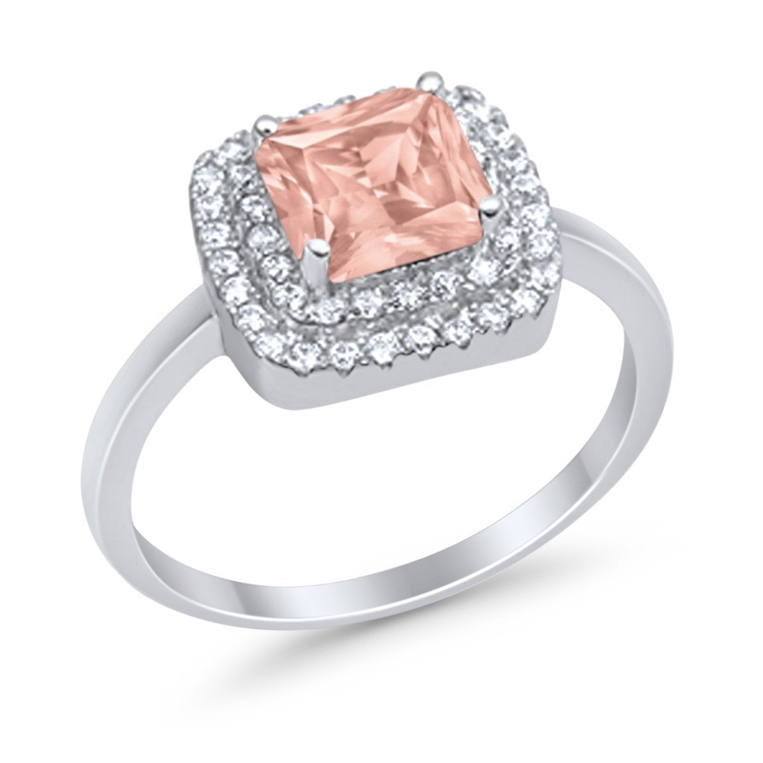 Solitiare Double Halo Wedding Ring Princess Cut Simulated Round Cubic Zirconia 925 Sterling Silver