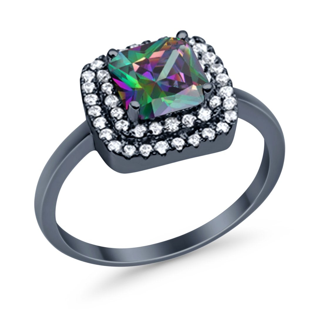 Solitiare Double Halo Wedding Ring Princess Cut Simulated Round Cubic Zirconia 925 Sterling Silver