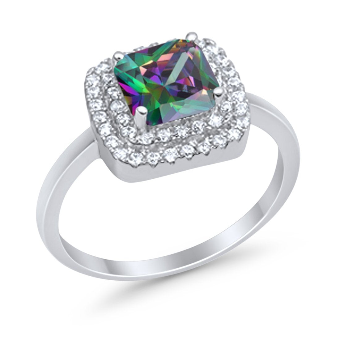 Solitiare Double Halo Wedding Ring Princess Cut Simulated Round Cubic Zirconia 925 Sterling Silver