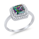 Solitiare Double Halo Wedding Ring Princess Cut Simulated Round Cubic Zirconia 925 Sterling Silver