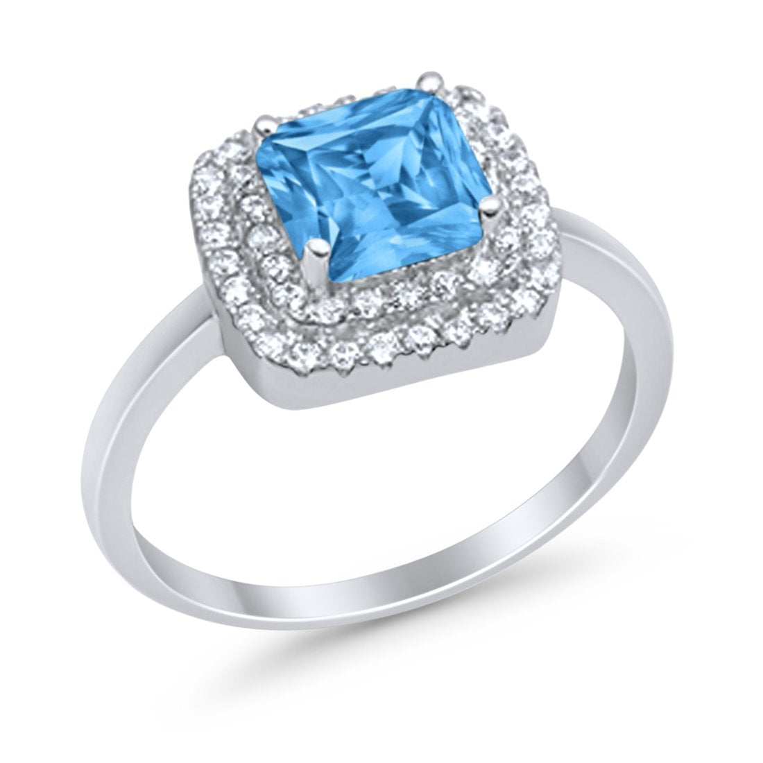 Solitiare Double Halo Wedding Ring Princess Cut Simulated Round Cubic Zirconia 925 Sterling Silver