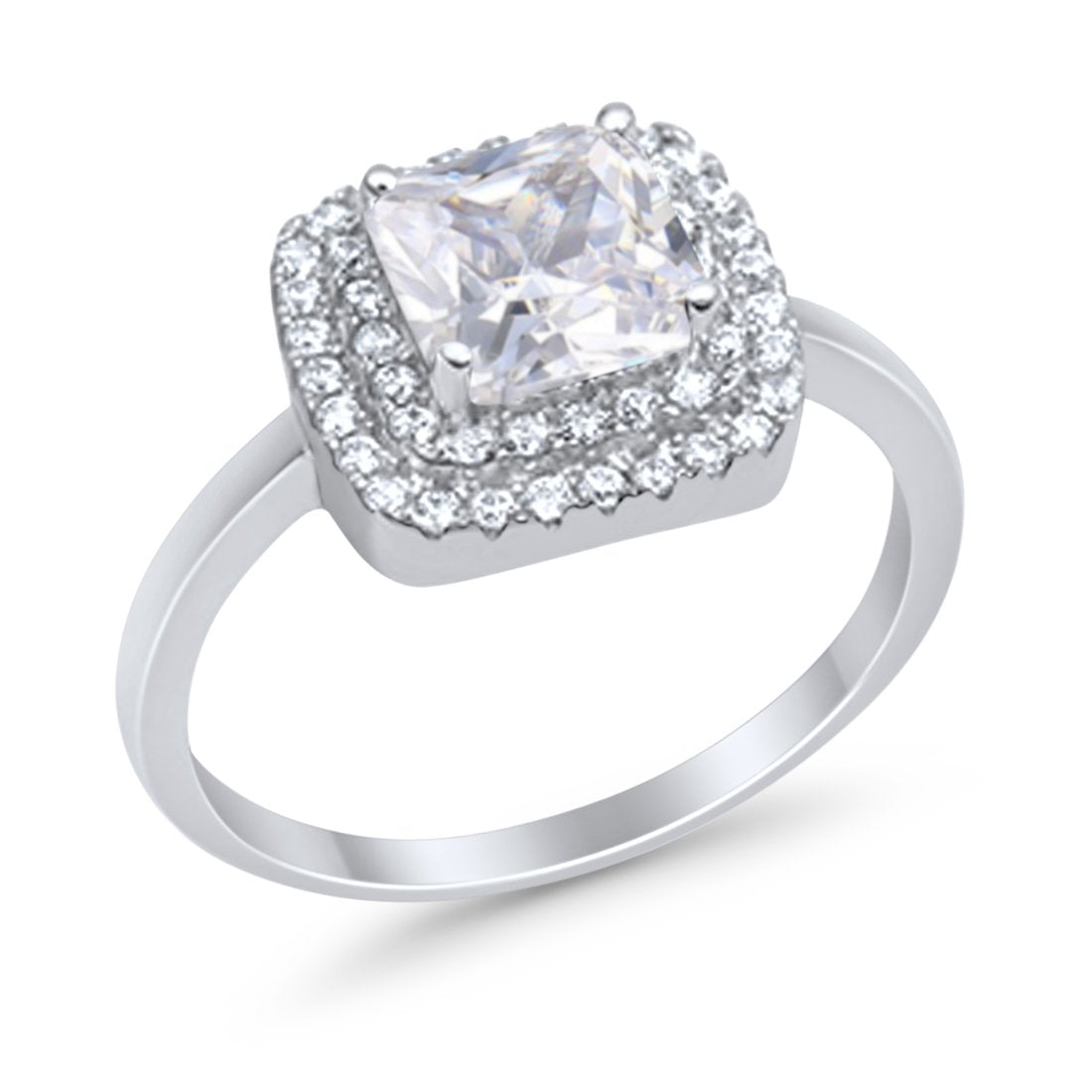 Solitiare Double Halo Wedding Ring Princess Cut Simulated Round Cubic Zirconia 925 Sterling Silver