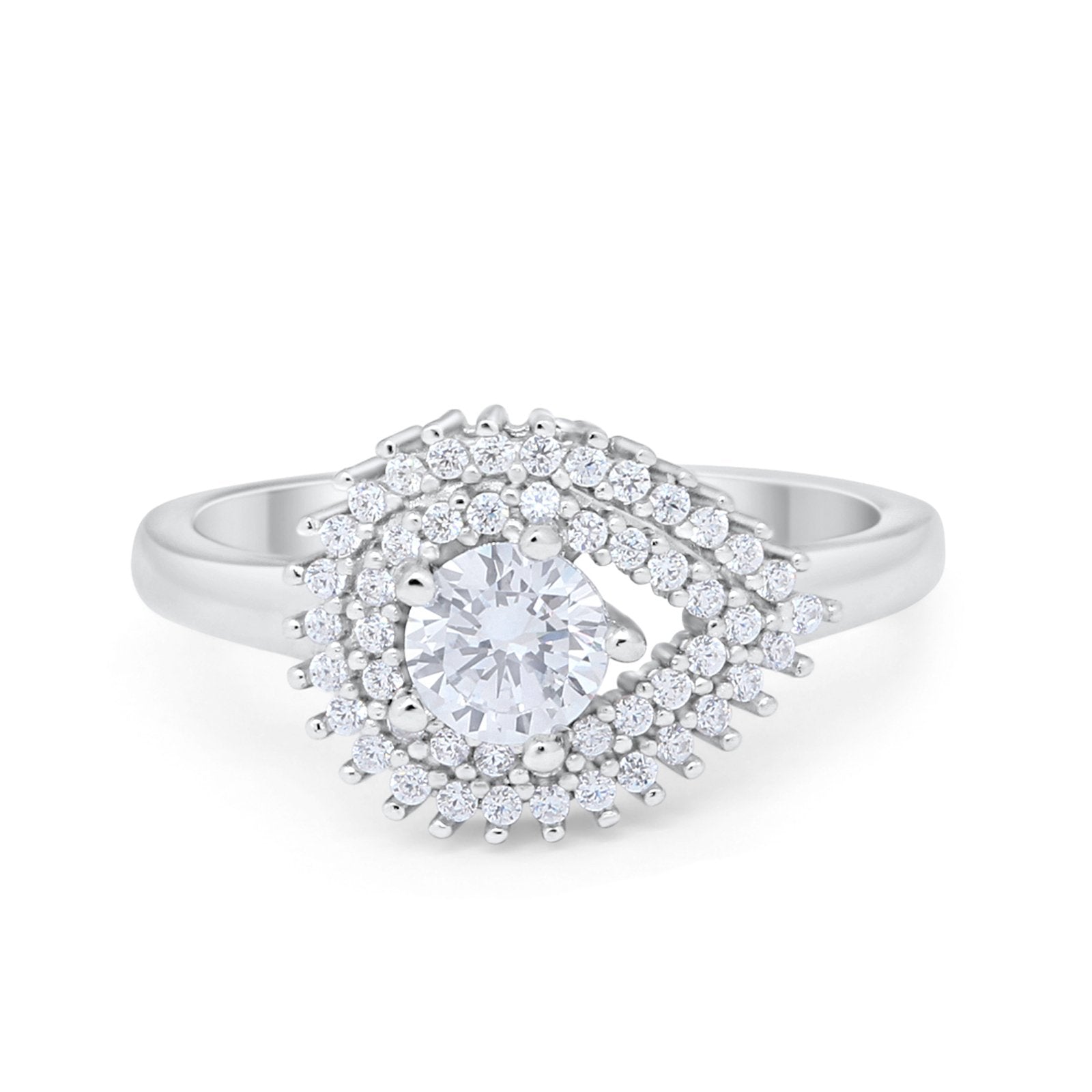 Sideways Teardrop Wedding Engagement Bridal Ring Round Simulated Cubic Zirconia 925 Sterling Silver