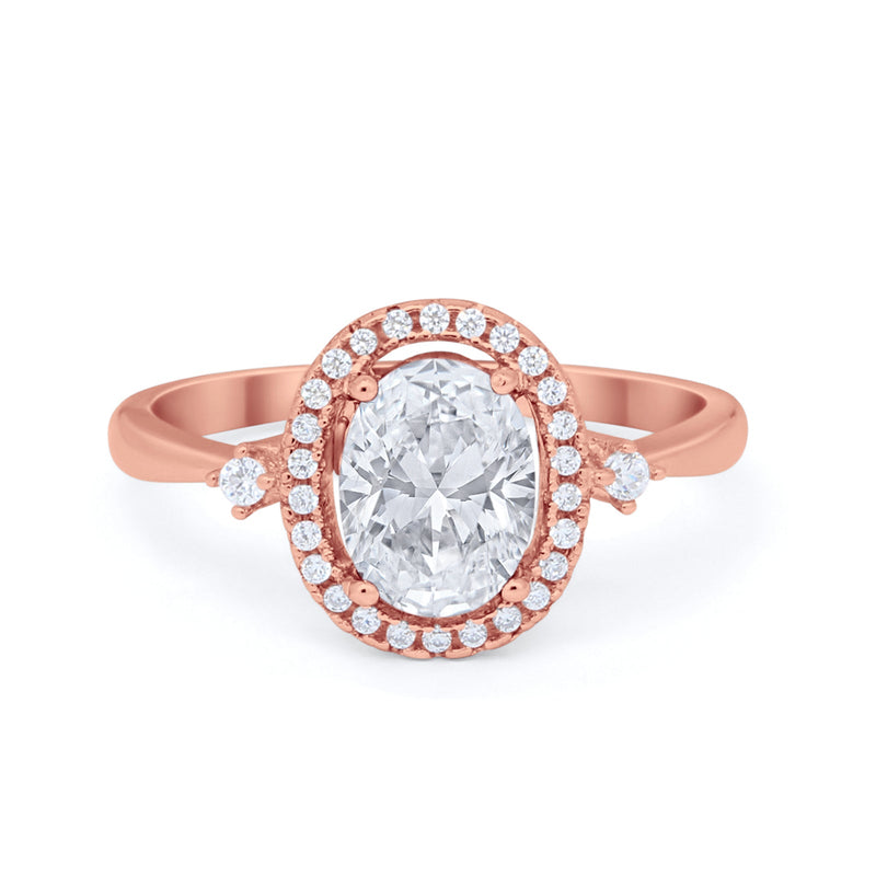 Art Deco Oval Wedding Engagement Ring Halo Round Simulated Cubic Zirconia 925 Sterling Silver