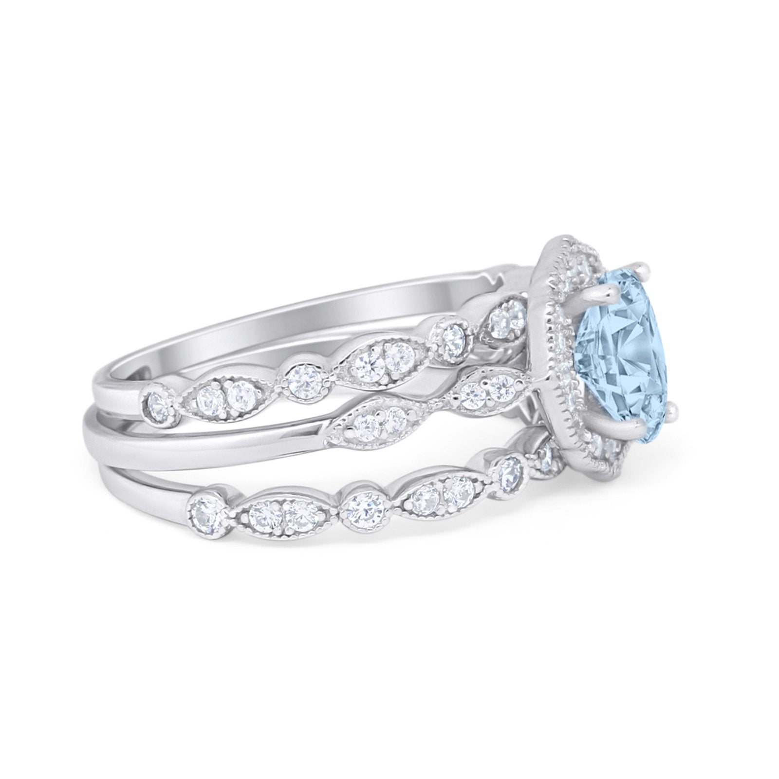 Vintage Style Halo Oval Art Deco Three Piece Wedding Engagement Ring Bridal Set Round Simulated Cubic Zirconia 925 Sterling Silver