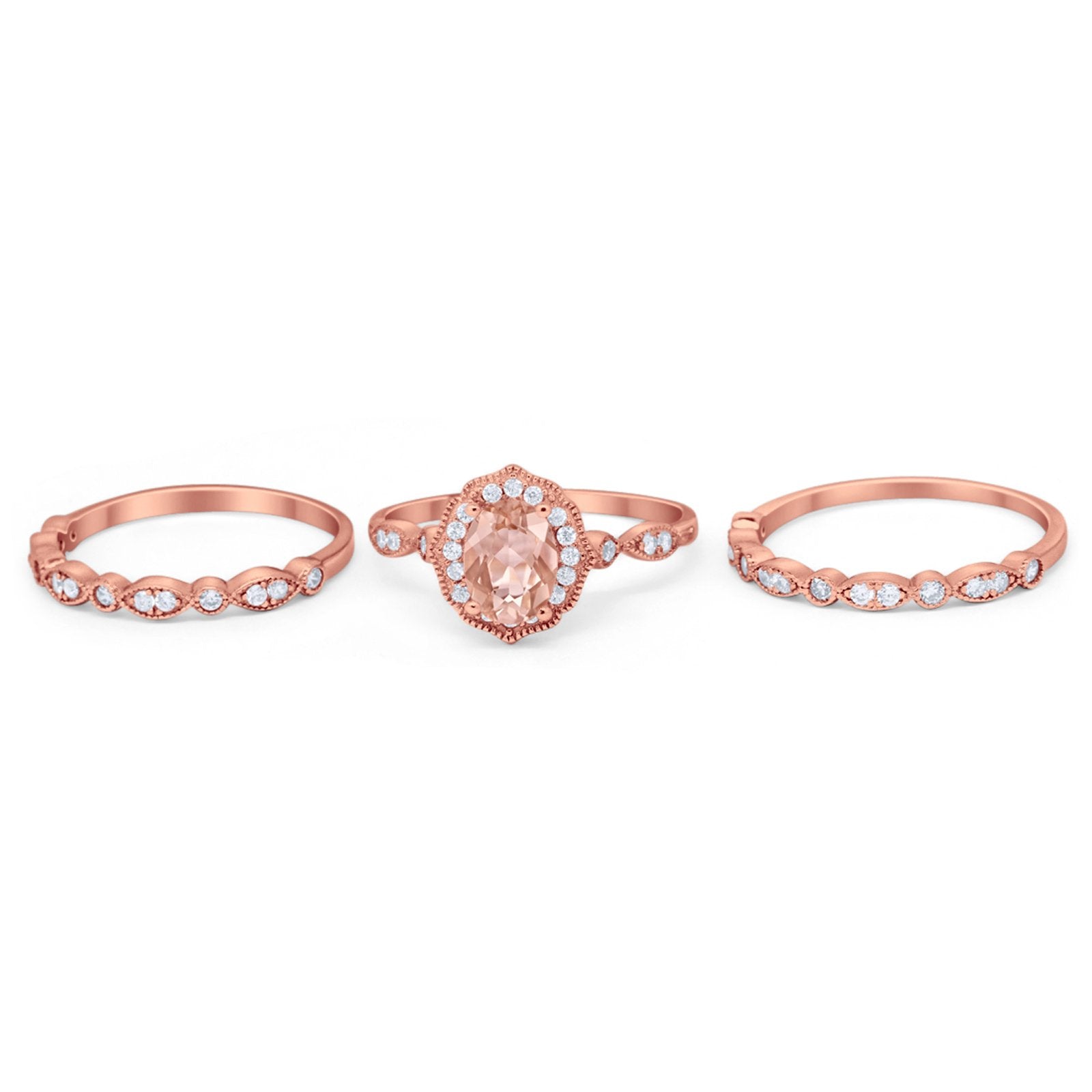 Vintage Style Halo Oval Art Deco Three Piece Wedding Engagement Ring Bridal Set Round Simulated Cubic Zirconia 925 Sterling Silver