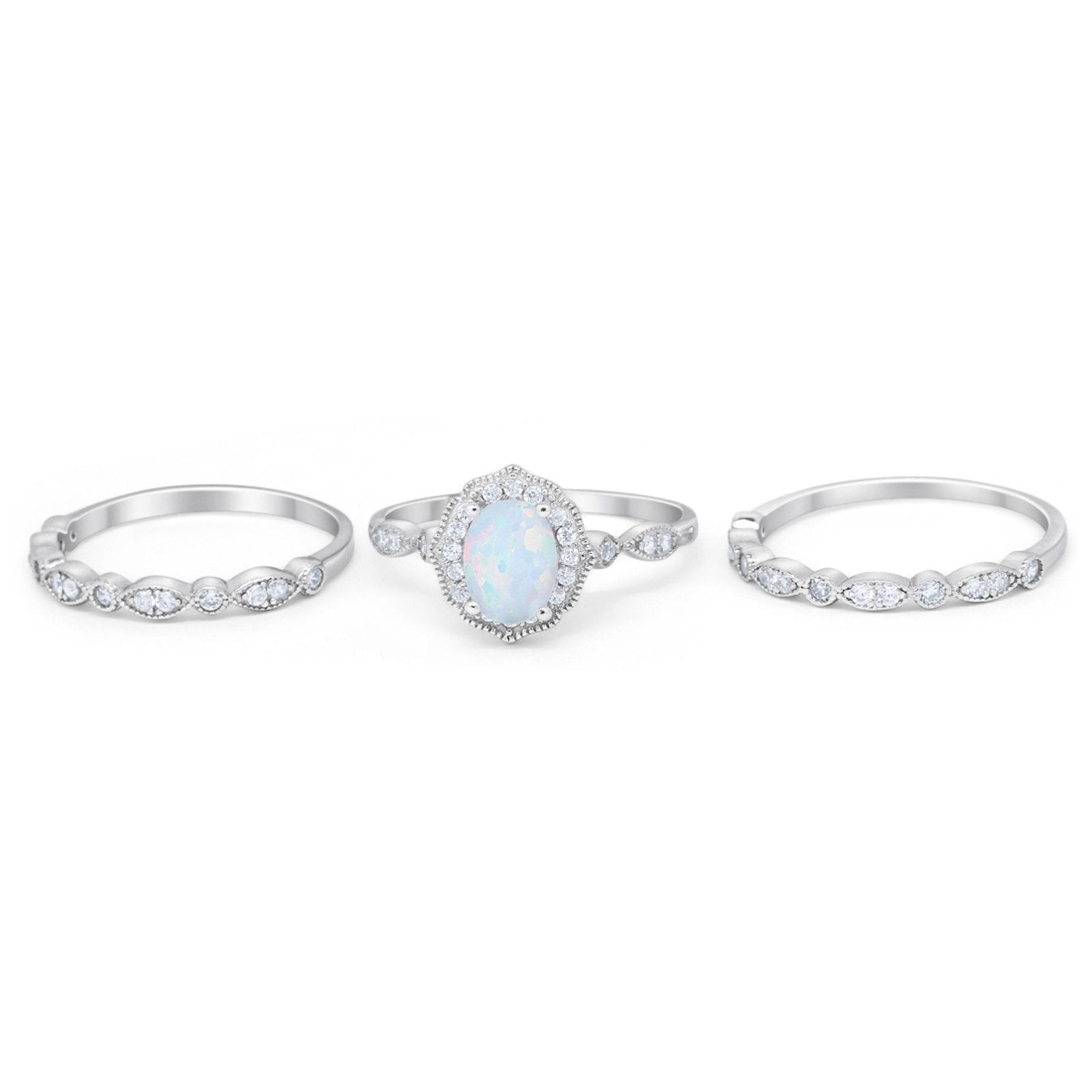 Vintage Style Halo Oval Art Deco Three Piece Wedding Engagement Ring Bridal Set Round Simulated Cubic Zirconia 925 Sterling Silver