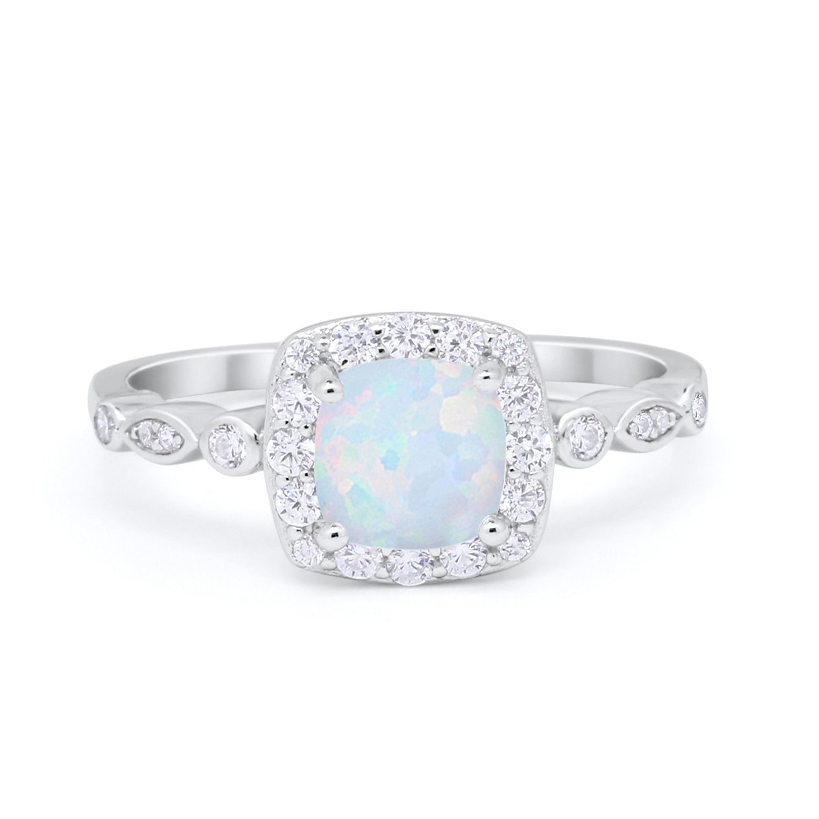 Halo Cushion Art Deco Wedding Engagement Ring Bridal Round Simulated Cubic Zirconia 925 Sterling Silver