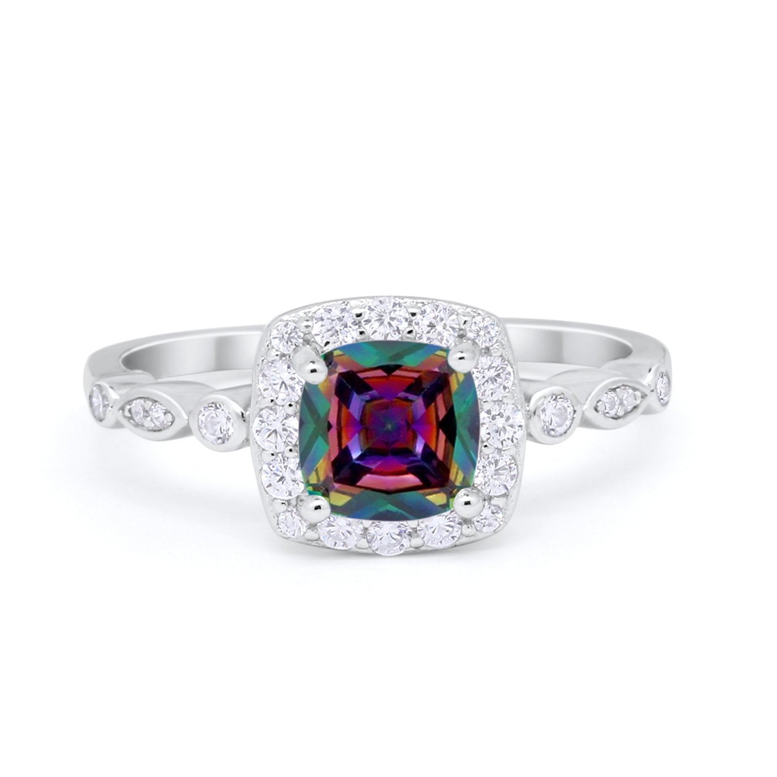 Halo Cushion Art Deco Wedding Engagement Ring Bridal Round Simulated Cubic Zirconia 925 Sterling Silver