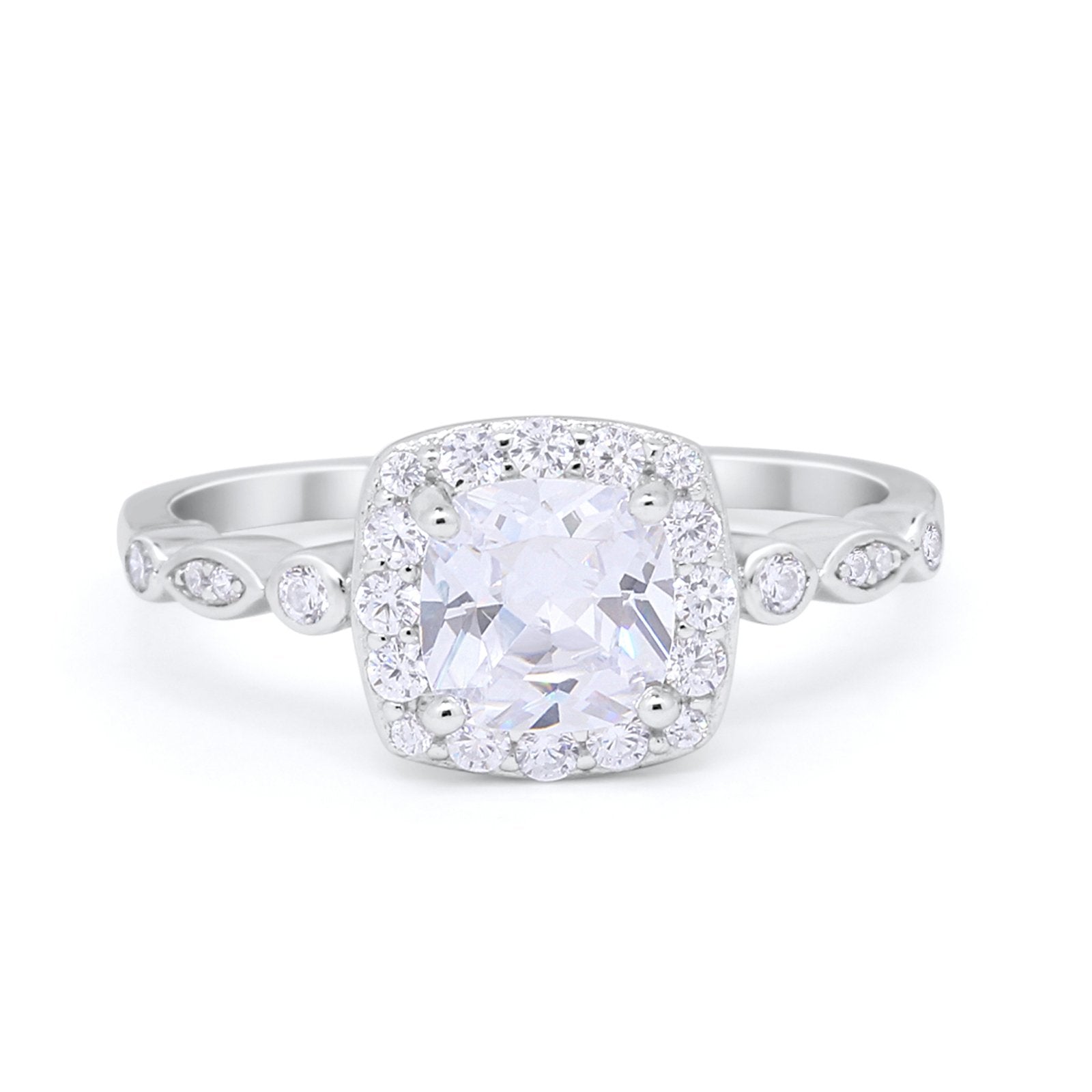Halo Cushion Art Deco Wedding Engagement Ring Bridal Round Simulated Cubic Zirconia 925 Sterling Silver