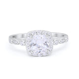 Halo Cushion Art Deco Wedding Engagement Ring Bridal Round Simulated Cubic Zirconia 925 Sterling Silver