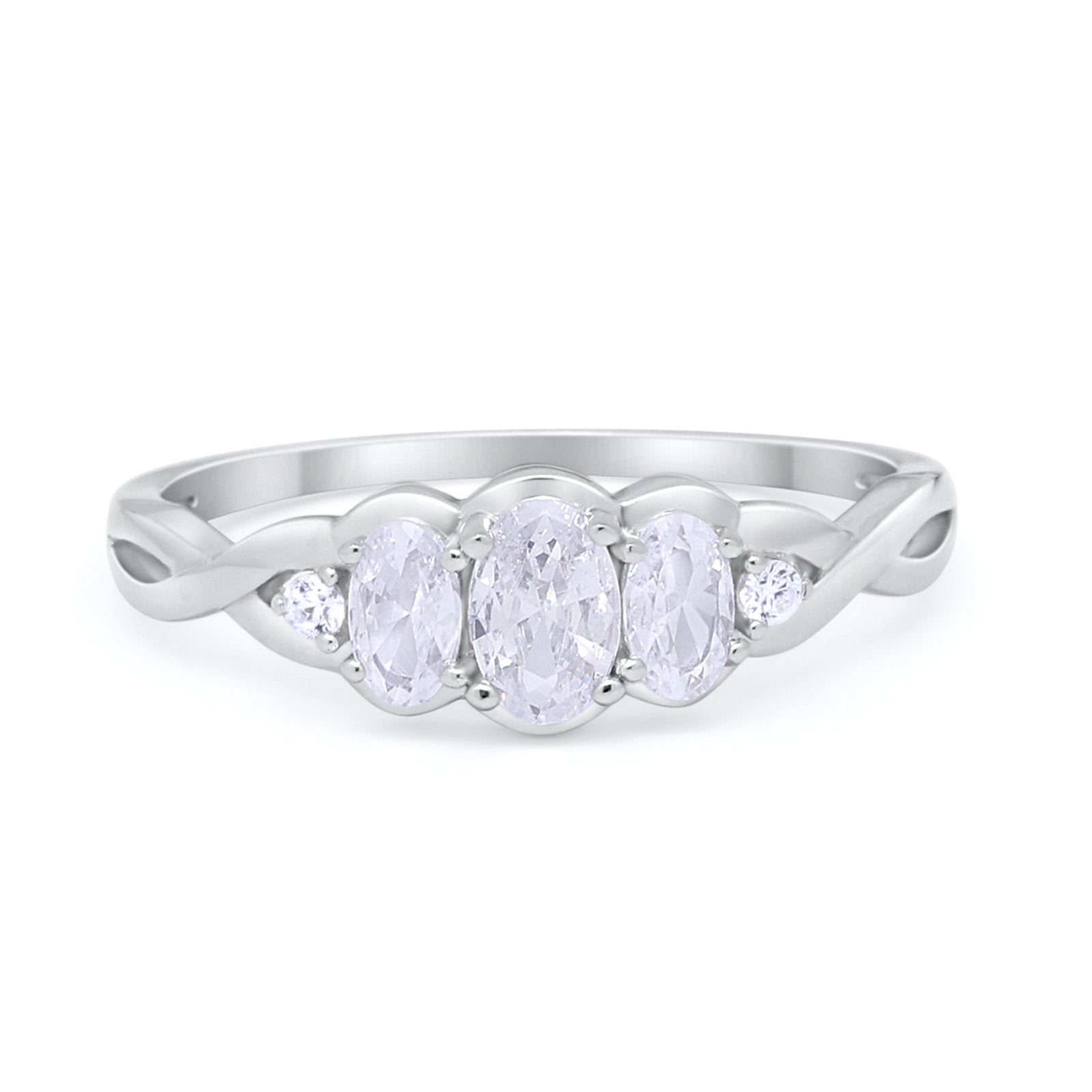 Three Stone Infinity Shank Oval Wedding Engagement Ring Cubic Zirconia 925 Sterling Silver Twisted