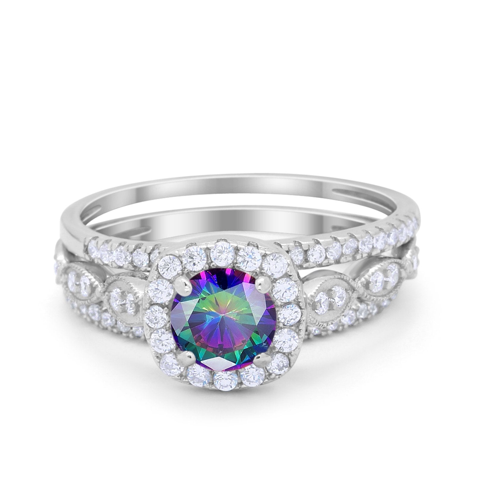 Art Deco Three Piece Vintage Style Engagement Ring Round Cubic Zirconia 925 Sterling Silver