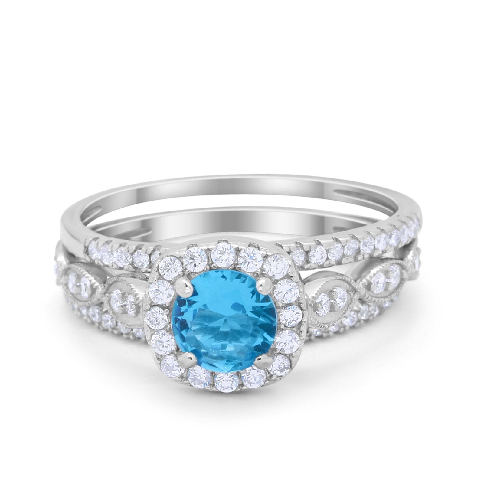 Art Deco Three Piece Vintage Style Engagement Ring Round Cubic Zirconia 925 Sterling Silver