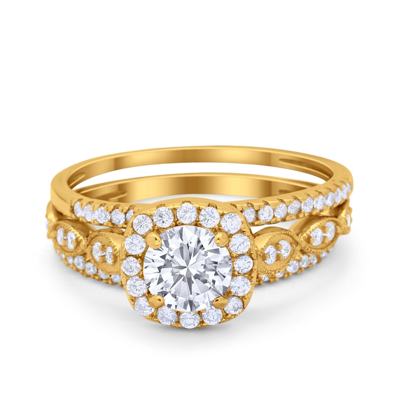 Art Deco Three Piece Vintage Style Engagement Ring Round Cubic Zirconia 925 Sterling Silver