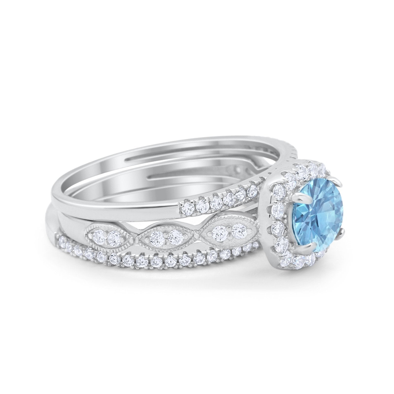Art Deco Three Piece Vintage Style Engagement Ring Round Cubic Zirconia 925 Sterling Silver